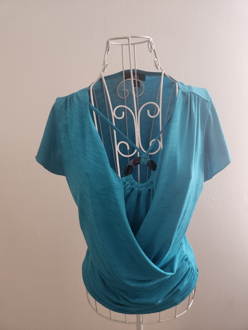 BCX Teal Draped Faux Wrap Top with O-Ring Detail Size Medium